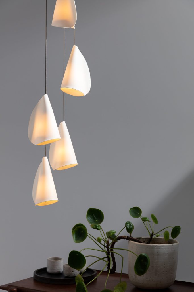 21.5 Five white pendants, Ø203mm round canopy - BOCCI